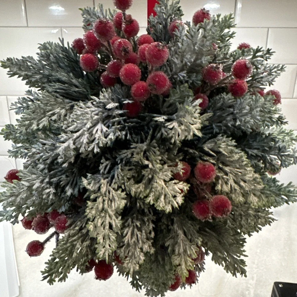 Martha Stewart HANGING TOPIARY KISSING PLANT BALL Winter Fern PIP Berries 8